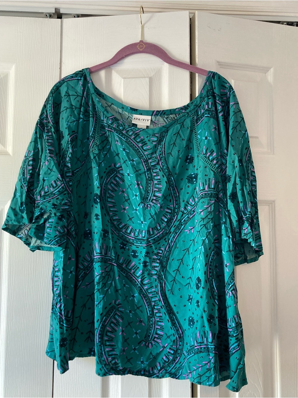 Ava & Viv Teal Paisley Short Sleeve Blouse
